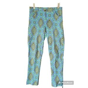 Gretchen Scott Women's Cotton Spandex Pants Blue‎ Green Damask Midrise Skinny M